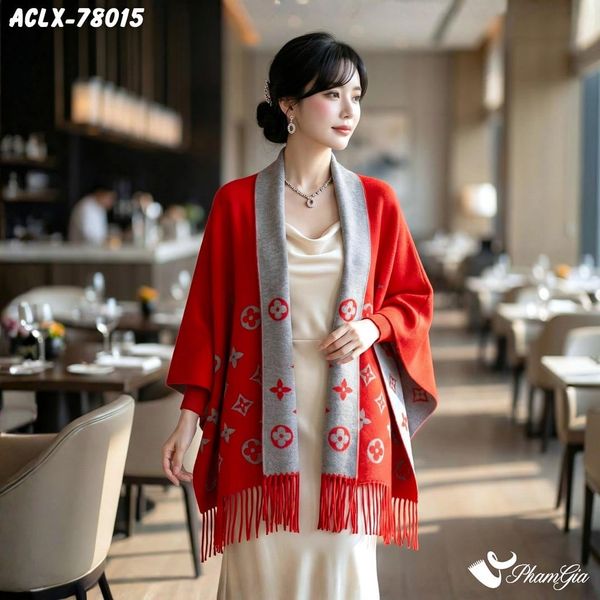 Áo Choàng Len Cashmere Luxury Họa Tiết Monogram Màu Đỏ (ACLX78015)