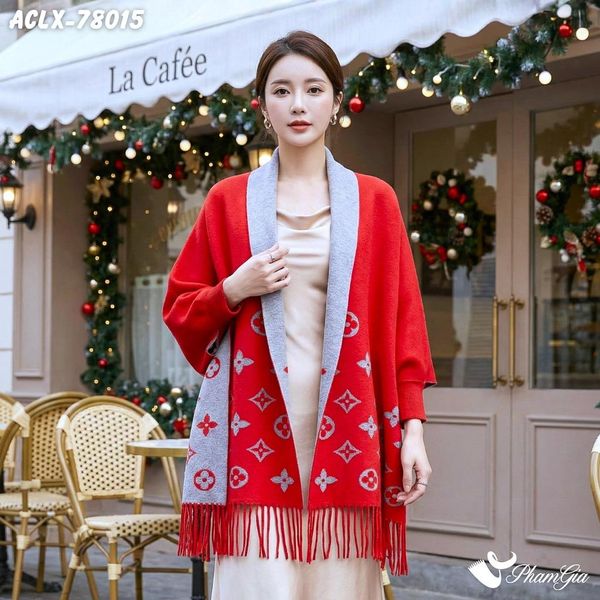 Áo Choàng Len Cashmere Luxury Họa Tiết Monogram Màu Đỏ (ACLX78015)