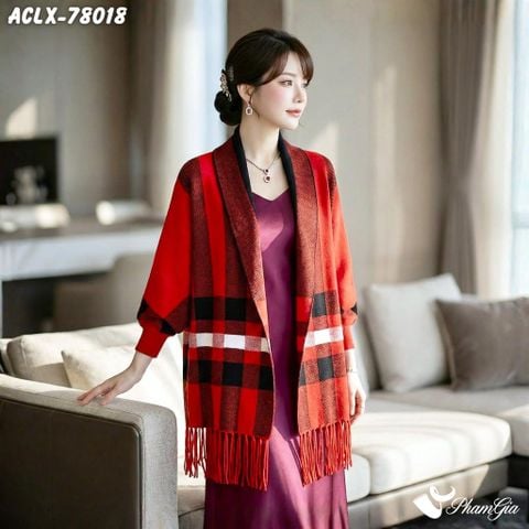Áo Choàng Len Cashmere Luxury Họa Tiết Kẻ Sọc Caro Màu Đỏ (ACLX78018)