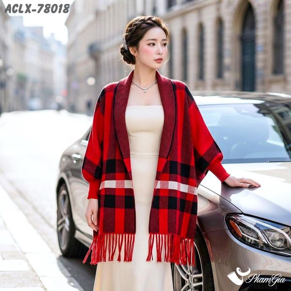 Áo Choàng Len Cashmere Luxury Họa Tiết Kẻ Sọc Caro Màu Đỏ (ACLX78018)