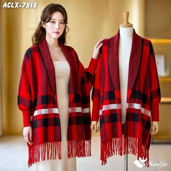Áo Choàng Len Cashmere Luxury Họa Tiết Kẻ Sọc Caro Màu Đỏ (ACLX78018)