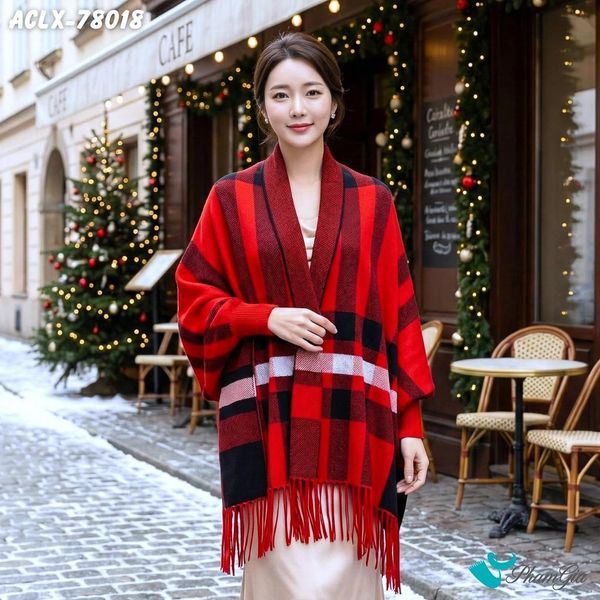 Áo Choàng Len Cashmere Luxury Họa Tiết Kẻ Sọc Caro Màu Đỏ (ACLX78018)