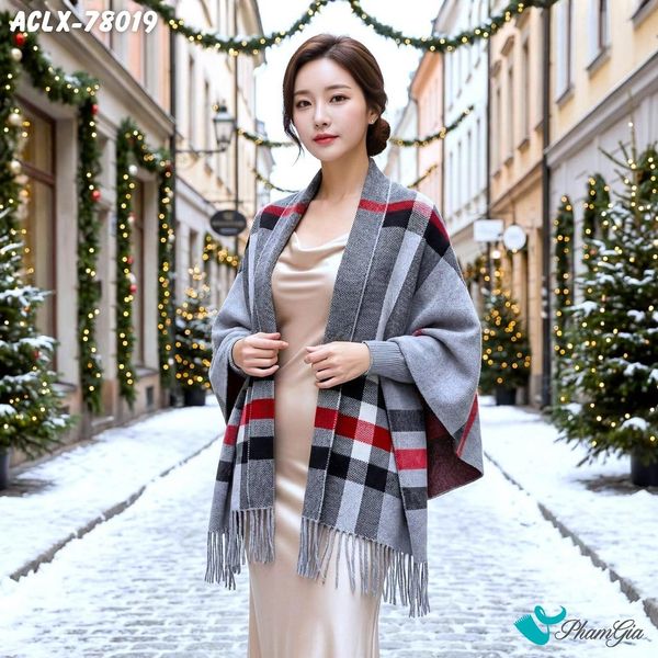Áo Choàng Len Cashmere Luxury Họa Tiết Kẻ Sọc Caro Màu Xám (ACLX78019)