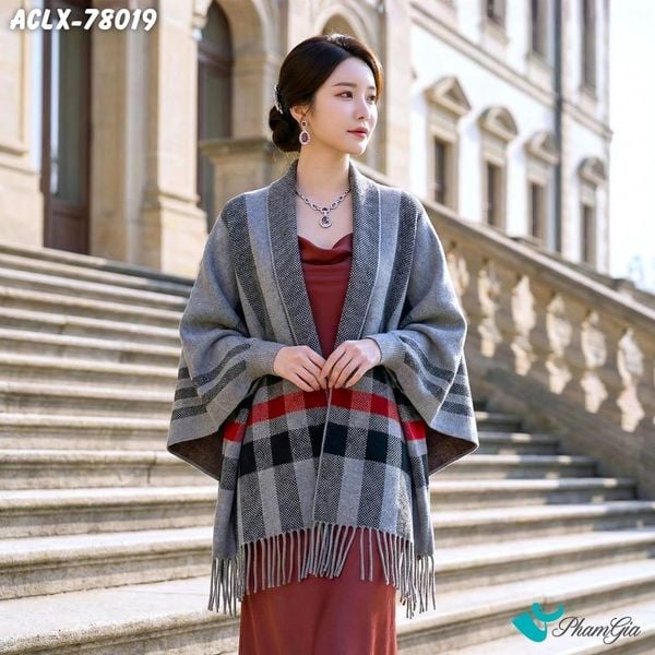 Áo Choàng Len Cashmere Luxury Họa Tiết Kẻ Sọc Caro Màu Xám (ACLX78019)