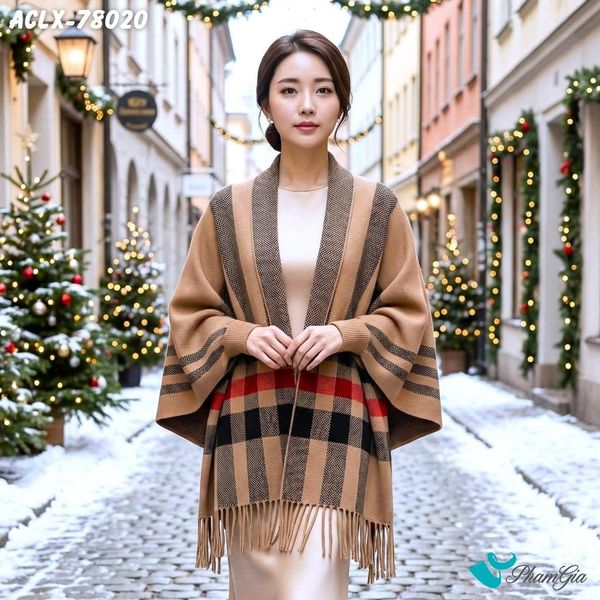 Áo Choàng Len Cashmere Luxury Họa Tiết Kẻ Sọc Caro Màu Nâu Tây (ACLX78020)