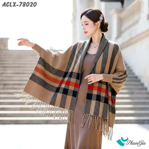 Áo Choàng Len Cashmere Luxury Họa Tiết Kẻ Sọc Caro Màu Nâu Tây (ACLX78020)