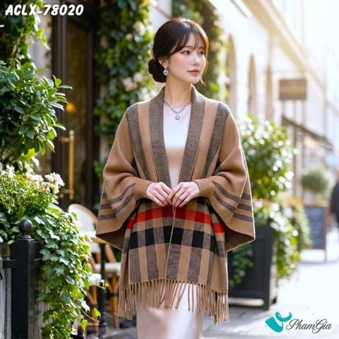 Áo Choàng Len Cashmere Luxury Họa Tiết Kẻ Sọc Caro Màu Nâu Tây (ACLX78020)