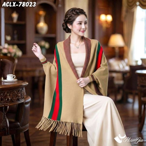 Áo Choàng Len Cashmere Luxury Họa Tiết Kẻ Sọc Màu Bạc Xỉu (ACLX78023)