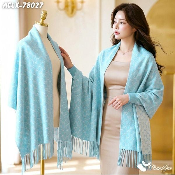 Áo Choàng Len Cashmere Luxury Họa Tiết Móc Xích Retro Màu Xanh Ngọc (ACLX78027)