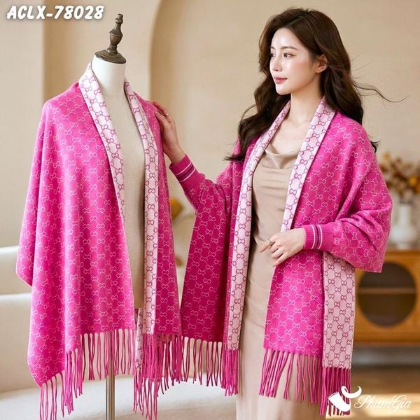 Áo Choàng Len Cashmere Luxury Họa Tiết Móc Xích Retro Màu Hồng Sen (ACLX78028)