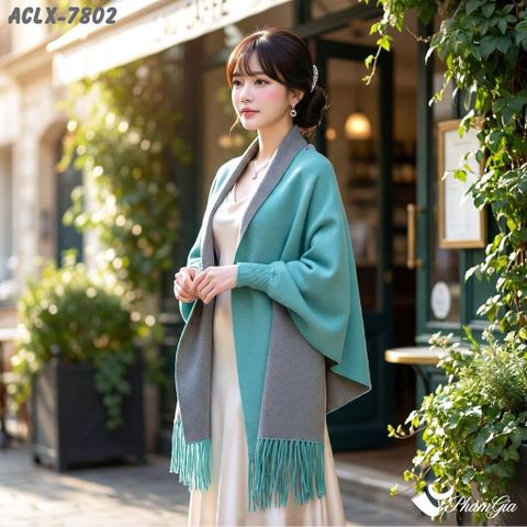 Áo Choàng Len Cashmere Luxury Họa Tiết Hoa Mẫu Đơn Màu Xanh Ngọc (ACLX7802)