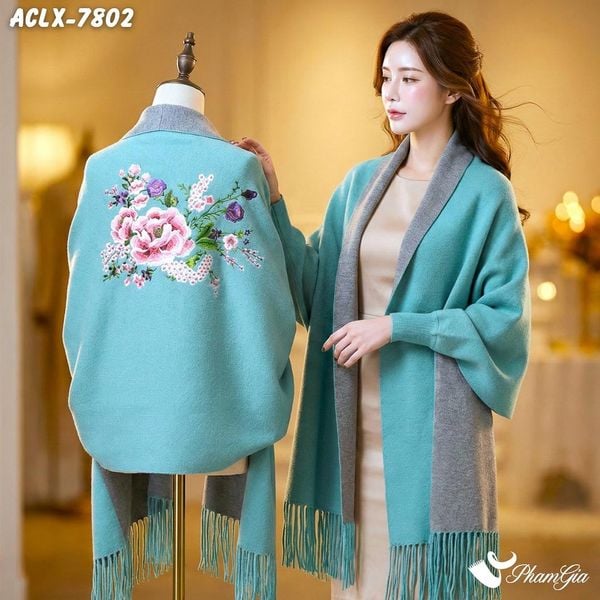 Áo Choàng Len Cashmere Luxury Họa Tiết Hoa Mẫu Đơn Màu Xanh Ngọc (ACLX7802)
