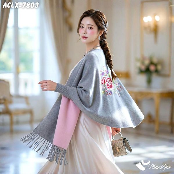 Áo Choàng Len Cashmere Luxury Họa Tiết Hoa Mẫu Đơn Màu Xám Khói (ACLX7803)