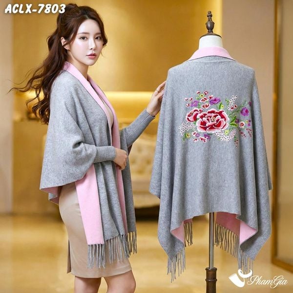 Áo Choàng Len Cashmere Luxury Họa Tiết Hoa Mẫu Đơn Màu Xám Khói (ACLX7803)