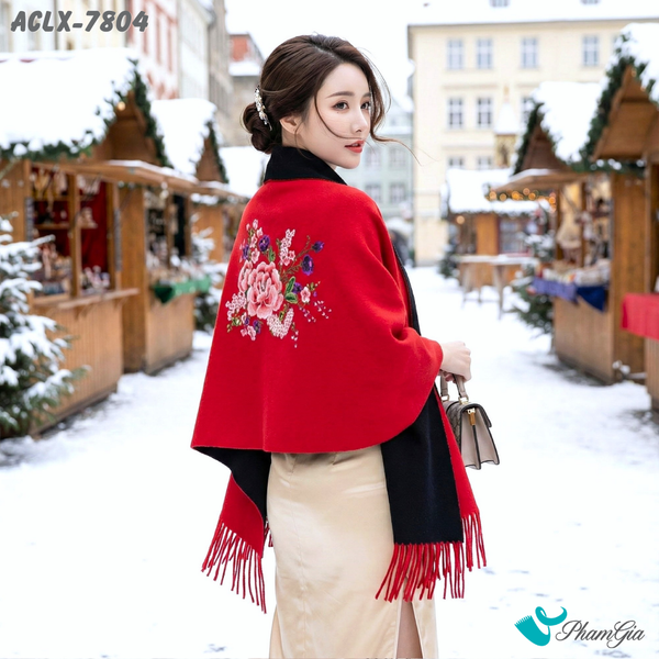 Áo Choàng Len Cashmere Luxury Họa Tiết Hoa Mẫu Đơn Màu Đỏ Ruby (ACLX7804)