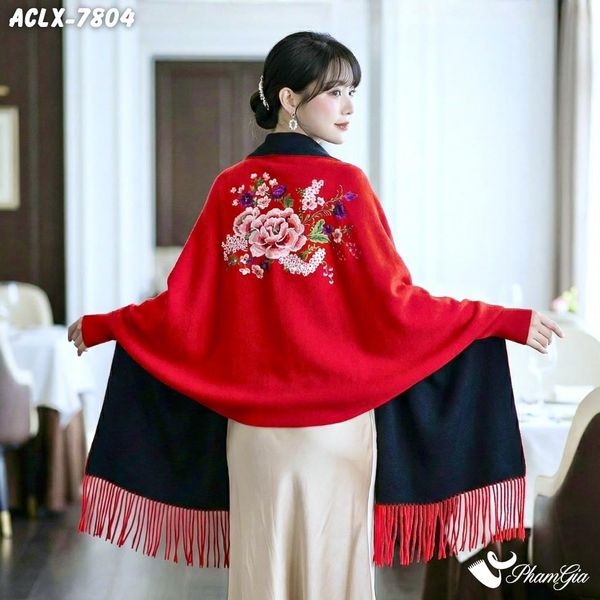 Áo Choàng Len Cashmere Luxury Họa Tiết Hoa Mẫu Đơn Màu Đỏ Ruby (ACLX7804)