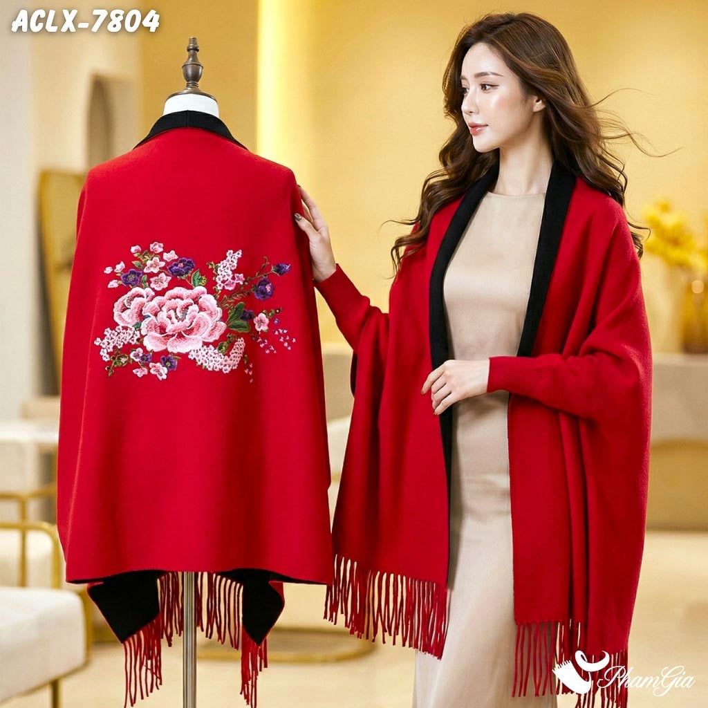 Áo Choàng Len Cashmere Luxury Họa Tiết Hoa Mẫu Đơn Màu Đỏ Ruby (ACLX7804)