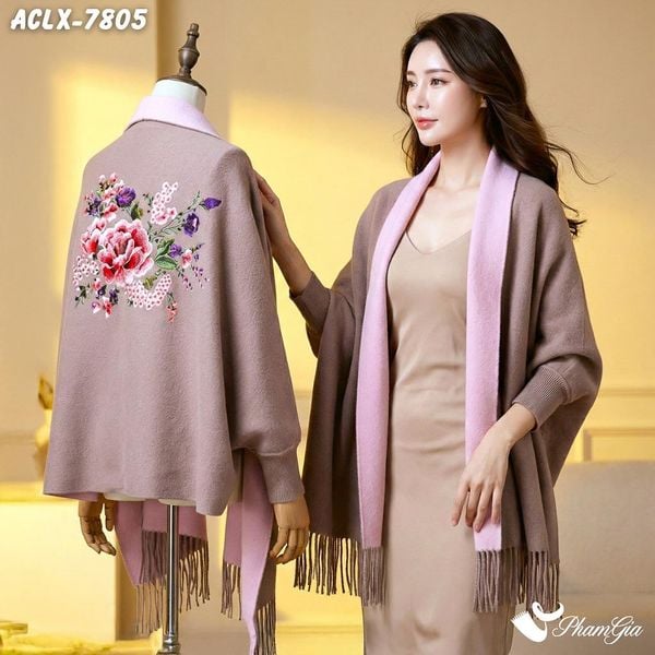 Áo Choàng Len Cashmere Luxury Họa Tiết Hoa Mẫu Đơn Màu Hồng Beige (ACLX7805)