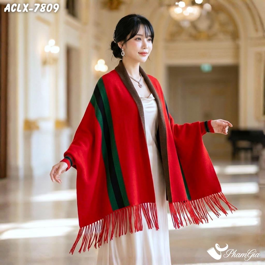 Áo Choàng Len Cashmere Luxury Họa Tiết Kẻ Sọc Màu Đỏ (ACLX7809)