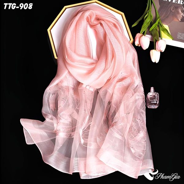 Khăn Choàng Tơ Tằm Gân Cao Cấp Thêu Kết Đính Họa Tiết Xoắn Ốc Màu Hồng Nhạt Thanh Lịch (TTG908)