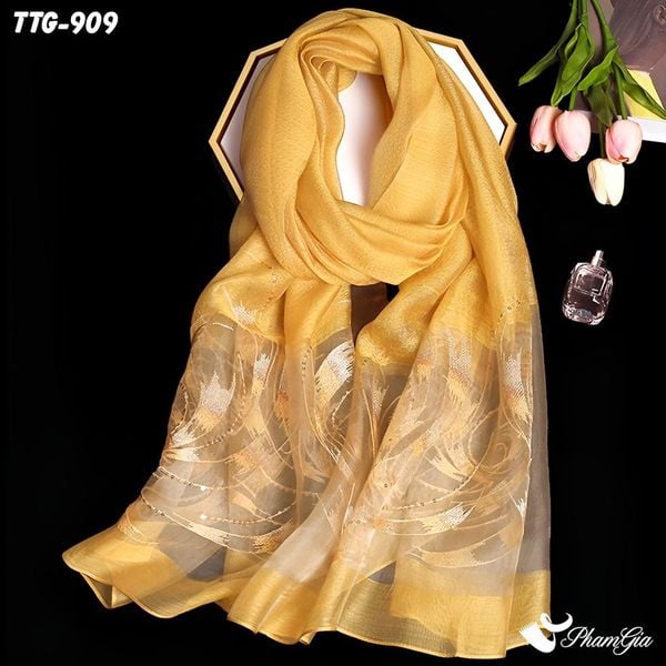 Khăn Choàng Tơ Tằm Gân Cao Cấp Thêu Kết Đính Họa Tiết Xoắn Ốc Màu Vàng Gold Thanh Lịch (TTG909)