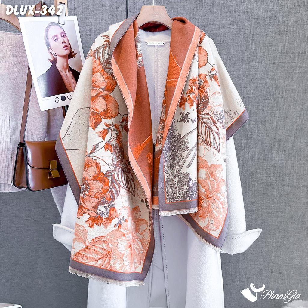 Khăn Choàng Dạ Cashmere Cao Cấp Họa Tiết Hoa Hồng Màu Cam Thanh Lịch (DLUX342)