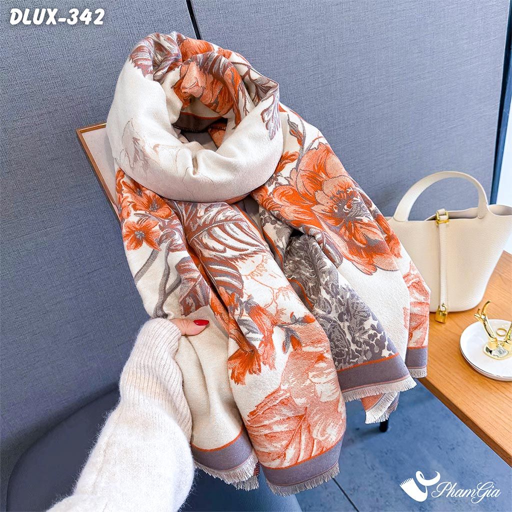 Khăn Choàng Dạ Cashmere Cao Cấp Họa Tiết Hoa Hồng Màu Cam Thanh Lịch (DLUX342)