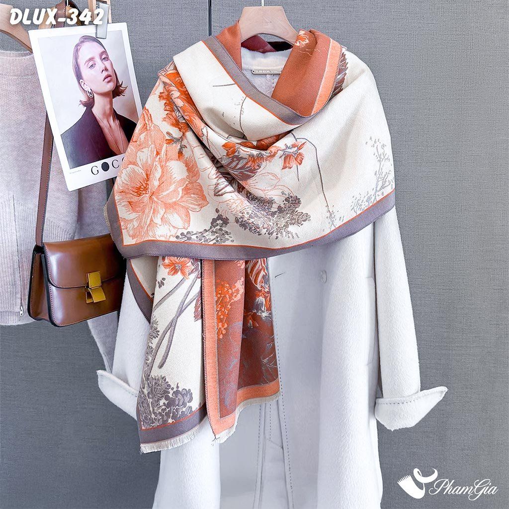 Khăn Choàng Dạ Cashmere Cao Cấp Họa Tiết Hoa Hồng Màu Cam Thanh Lịch (DLUX342)