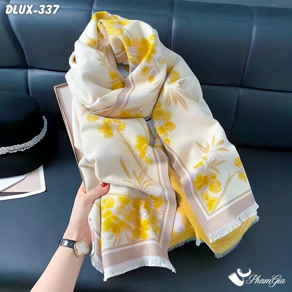 Khăn Choàng Dạ Cashmere Cao Cấp Họa Tiết Hoa Nhài Màu Vàng Trang Nhã (DLUX337)