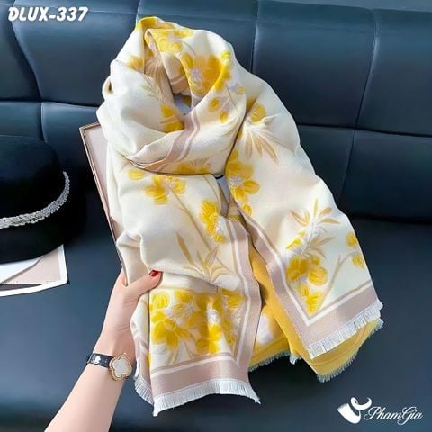 Khăn Choàng Dạ Cashmere Cao Cấp Họa Tiết Hoa Diên Vĩ Màu Vàng Trang Nhã (DLUX337)