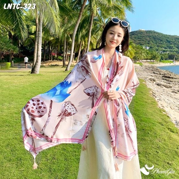 Khăn Choàng Linen Boho Họa Tiết Hoa Sen Xanh Phối Nền Hồng Trang Nhã (LNTC323)