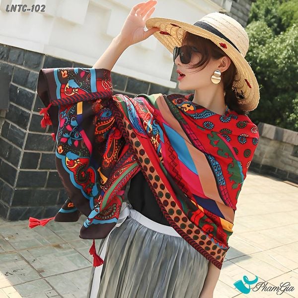 Khăn Choàng Linen Boho Họa Tiết Thổ Cẩm Abstract Màu Đỏ Phóng Khoáng (LNTC102)