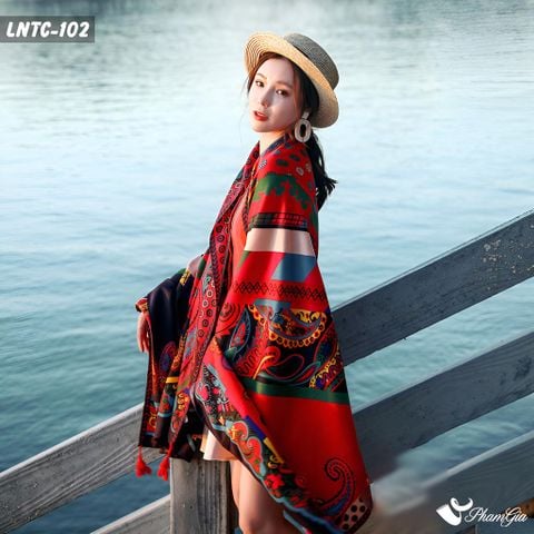 Người Mẫu Choàng Khăn Choàng Linen Boho Họa Tiết Thổ Cẩm Abstract Màu Đỏ Phóng Khoáng