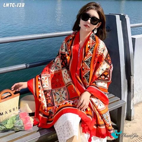 Khăn Choàng Linen Boho Họa Tiết Thổ Cẩm Mosiac Màu Cam Cháy Ấn Tượng