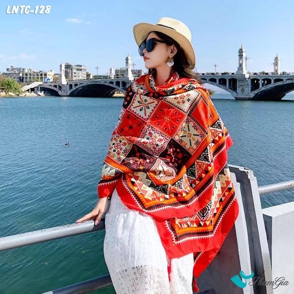 Khăn Choàng Linen Boho Họa Tiết Thổ Cẩm Mosiac Màu Cam Cháy Ấn Tượng (LNTC128)