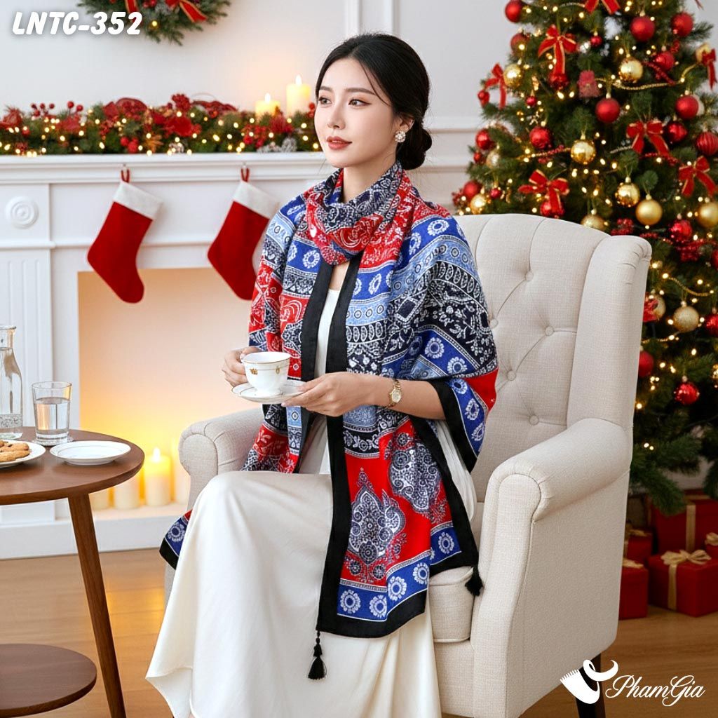 Khăn Choàng Linen Boho Họa Tiết Thổ Cẩm Paisley Phối Màu Đỏ Xanh Nổi Bật (LNTC352)