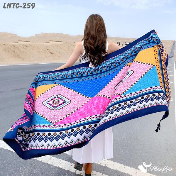 Khăn Choàng Linen Boho Họa Tiết Thổ Cẩm Tribal Màu Xanh Navy Cá Tính (LNTC259)