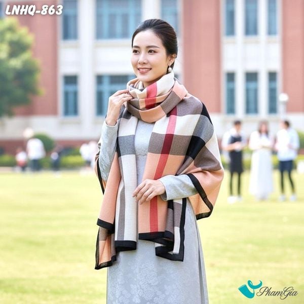 Khăn Choàng Linen Phong Cách Hàn Quốc Họa Tiết Caro Nền Cam Hiện Đại (LNHQ863)