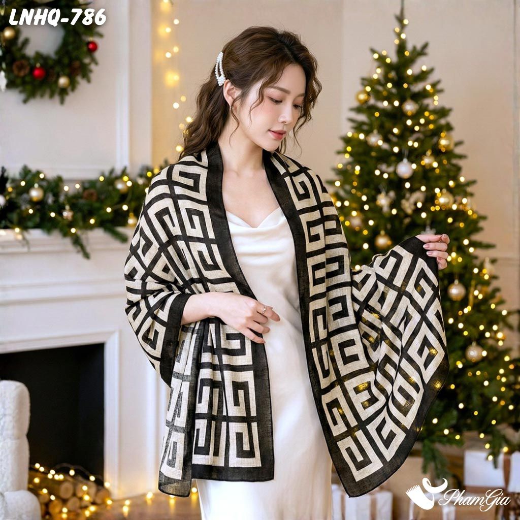 Khăn Choàng Linen Phong Cách Hàn Quốc Họa Tiết Hy Lạp Đen Xám Thanh Lịch (LNHQ786)