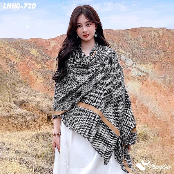 Khăn Choàng Linen Phong Cách Hàn Quốc Họa Tiết Hy Lạp Màu Đen Thanh Lịch (LNHQ720)