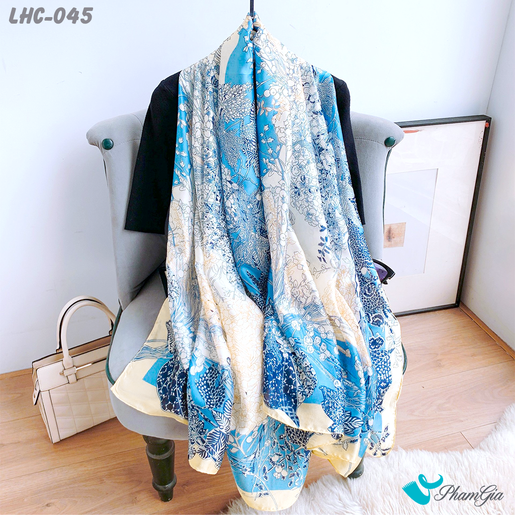 Khăn Choàng Lụa Hàng Châu Họa Tiết Hoa Dây Leo Nền Xanh Blue Tinh Tế (LHC045)