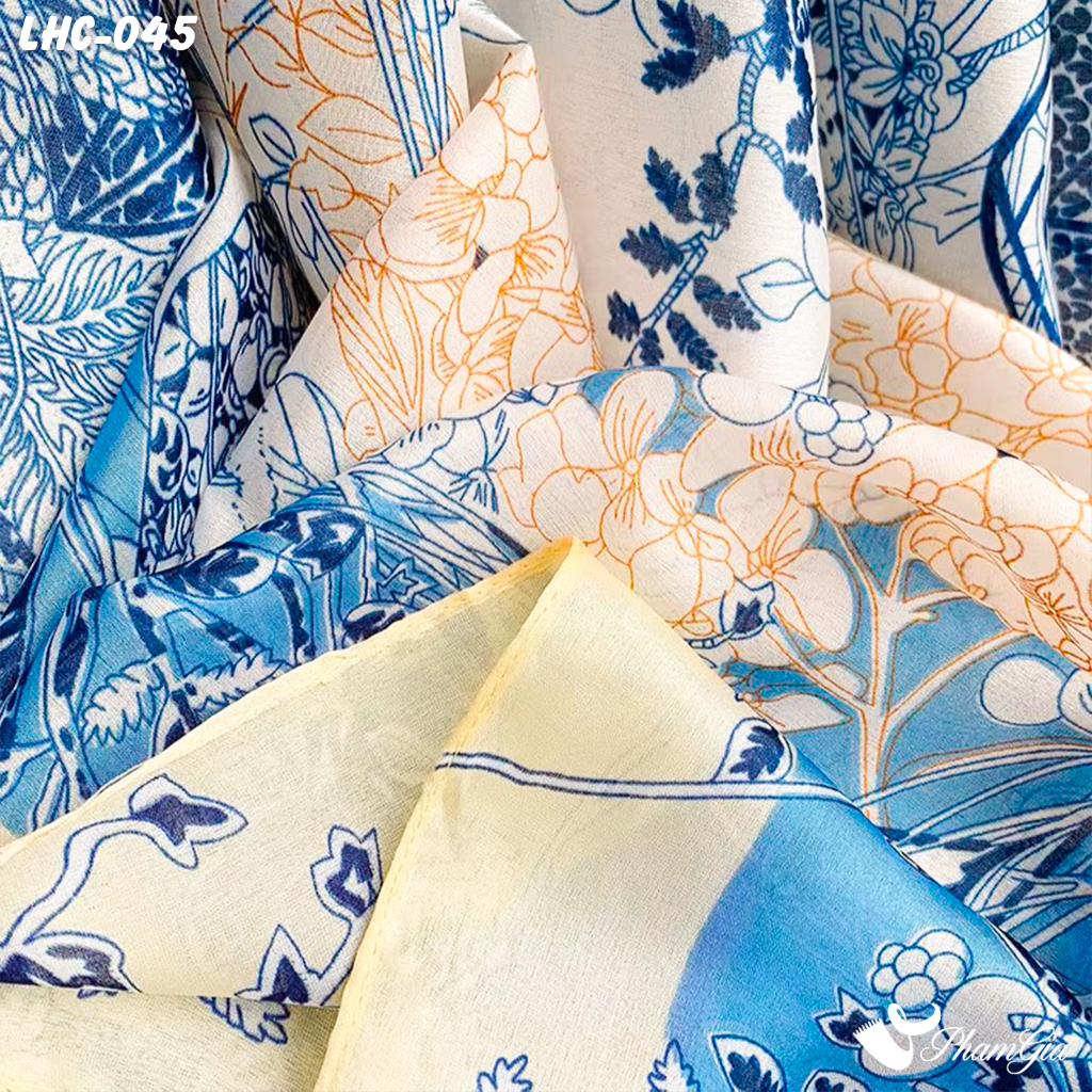 Khăn Choàng Lụa Hàng Châu Họa Tiết Hoa Dây Leo Nền Xanh Blue Tinh Tế (LHC045)