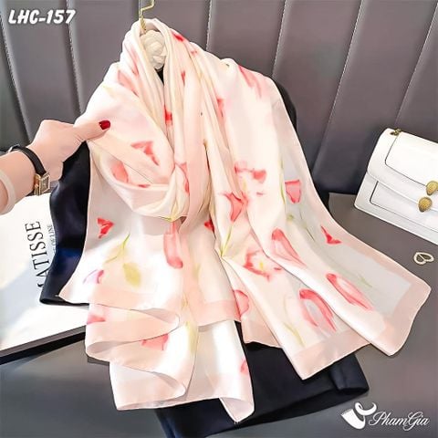 Khăn Choàng Lụa Hàng Châu Màu Hồng Baby Họa Tiết Hoa Tulip Ngọt Ngào