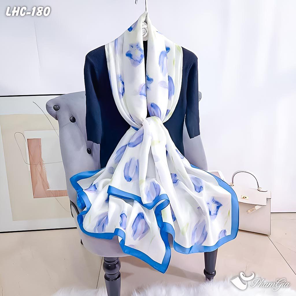 Góc Thẳng Khăn Choàng Lụa Hàng Châu Màu Tím Lilac Họa Tiết Hoa Tulip Ngọt Ngào