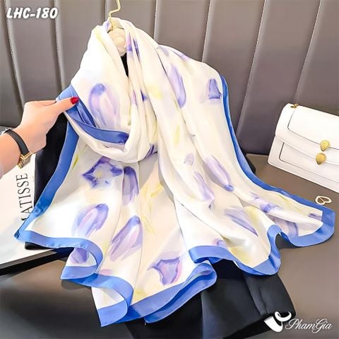 Khăn Choàng Lụa Hàng Châu Màu Tím Lilac Họa Tiết Hoa Tulip Ngọt Ngào