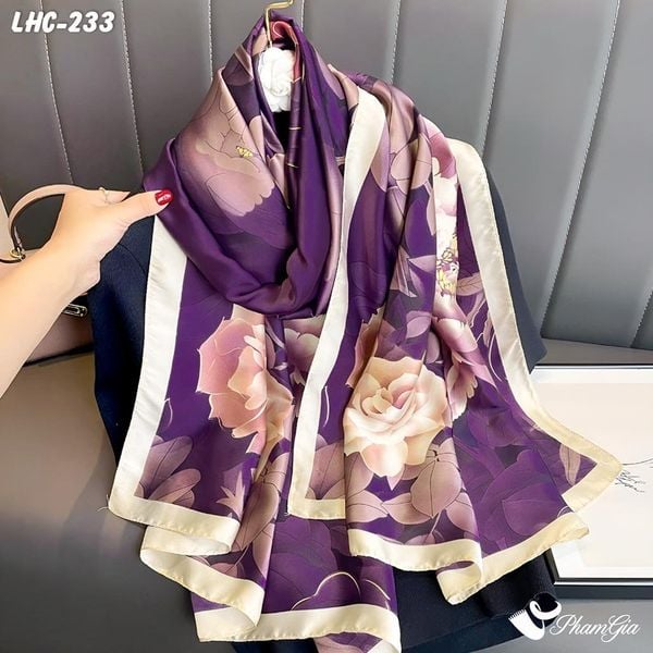 Khăn Choàng Lụa Hàng Châu Màu Tím Than Họa Tiết Hoa Mẫu Đơn Quý Phái (LHC233)