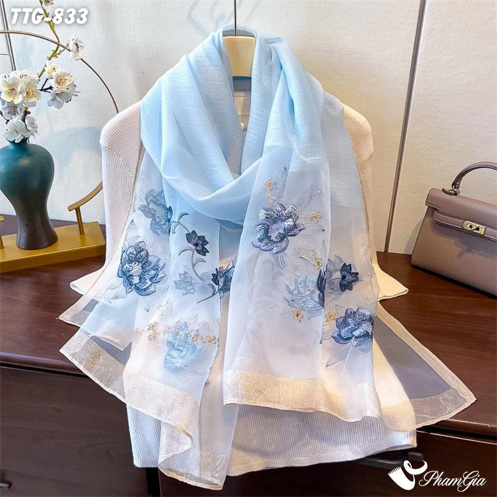 Khăn Choàng Tơ Tằm Gân Cao Cấp Thêu Hoa Sen Màu Xanh Blue Sang Trọng (TTG833)
