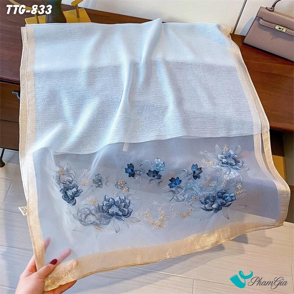 Khăn Choàng Tơ Tằm Gân Cao Cấp Thêu Hoa Sen Màu Xanh Blue Sang Trọng (TTG833)