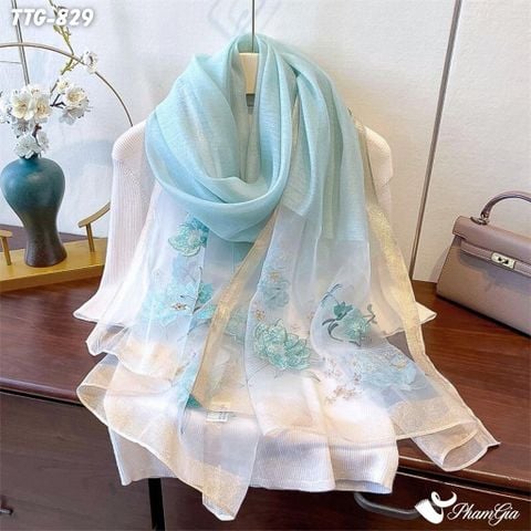 Khăn Choàng Tơ Tằm Gân Cao Cấp Thêu Hoa Sen Màu Xanh Mint Sang Trọng (TTG829)