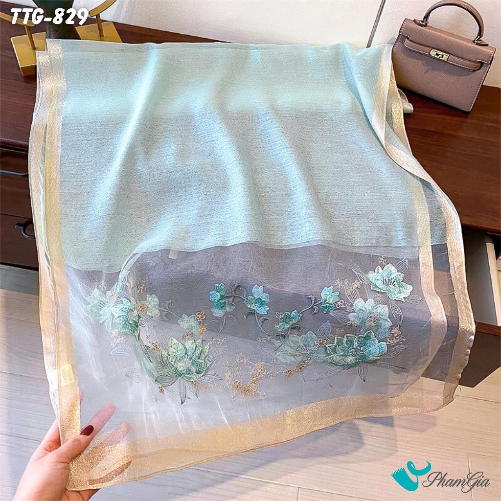 Khăn Choàng Tơ Tằm Gân Cao Cấp Thêu Hoa Sen Màu Xanh Mint Sang Trọng (TTG829)